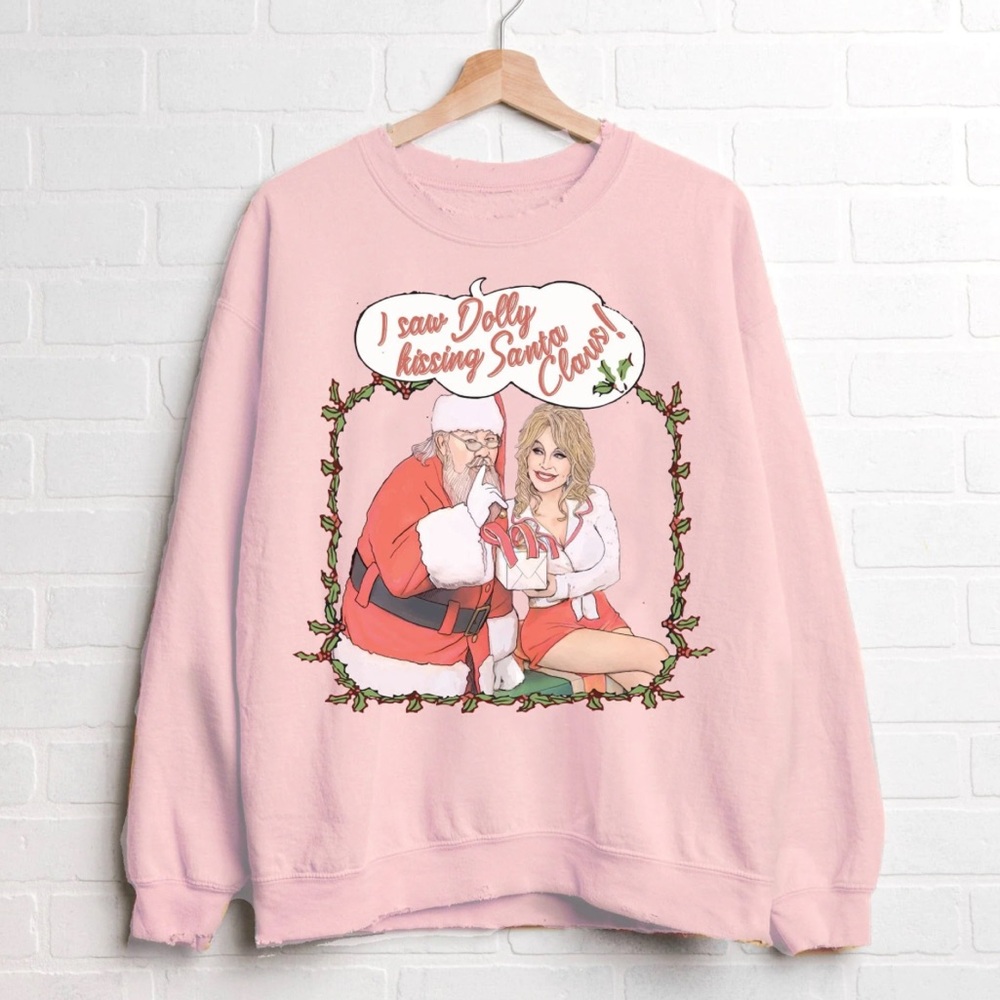 NWT I Saw Dolly Kissing Santa Clause Vintage Thrifted Crew Sweatshirt